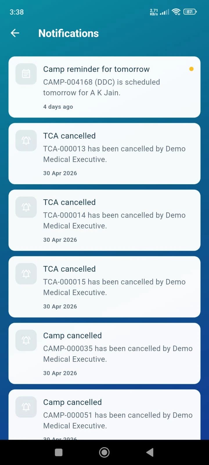 ME Manager notifications list