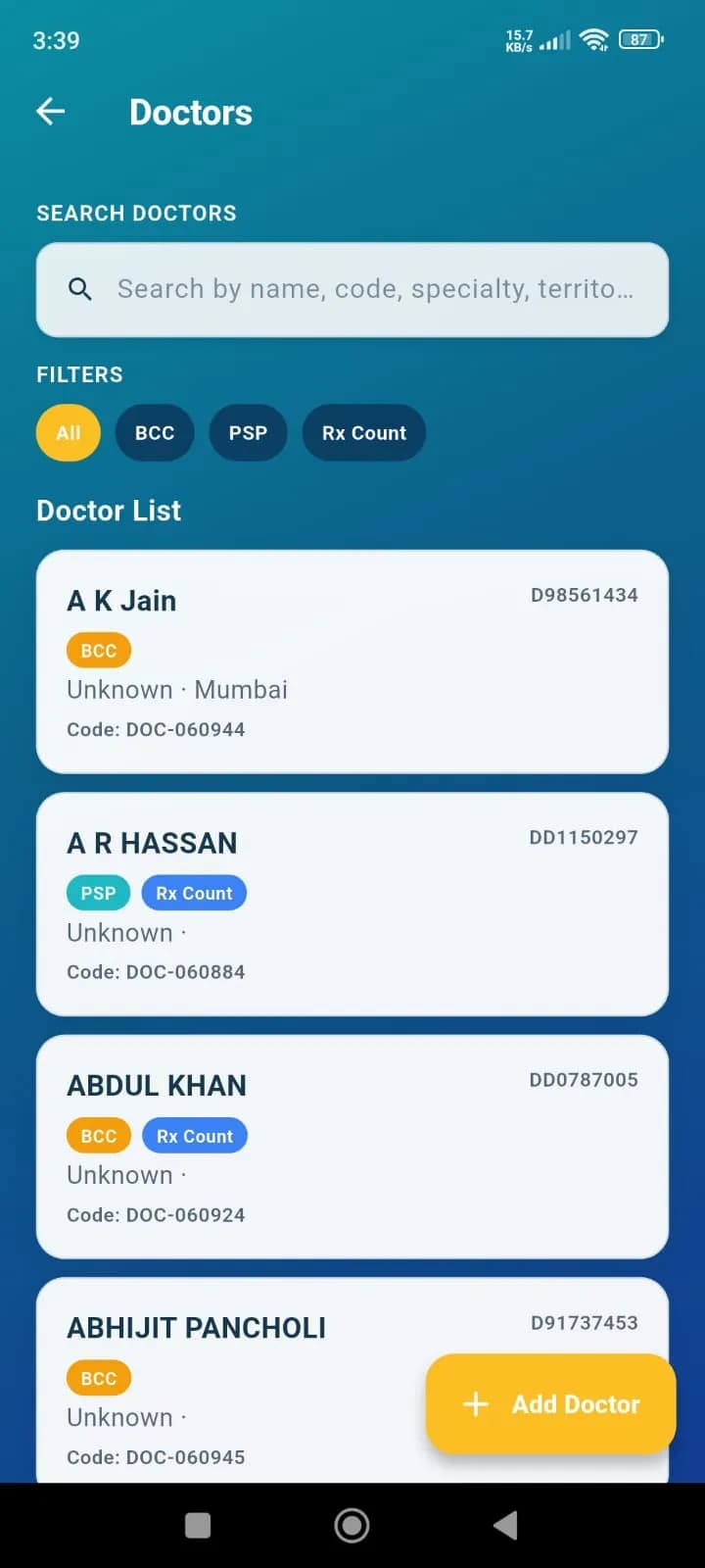 ME Manager doctor list screen