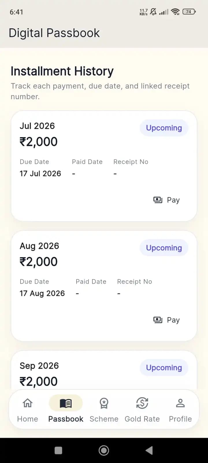 BishiPro installment history and payments screen