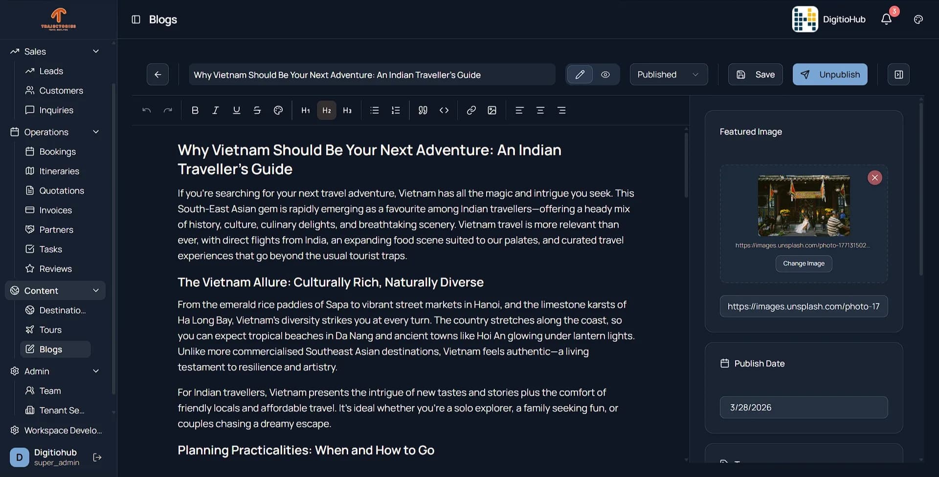 Trajectories blog editor interface