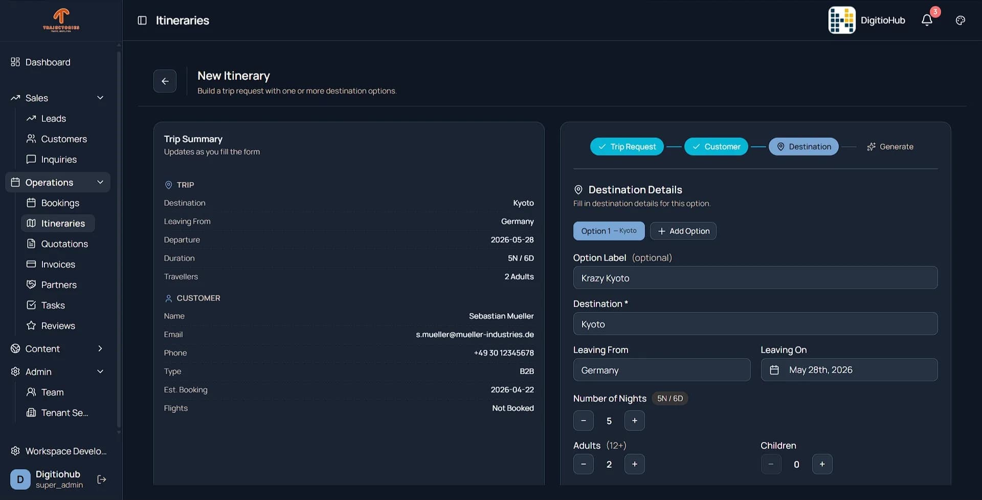 Trajectories itinerary builder workspace